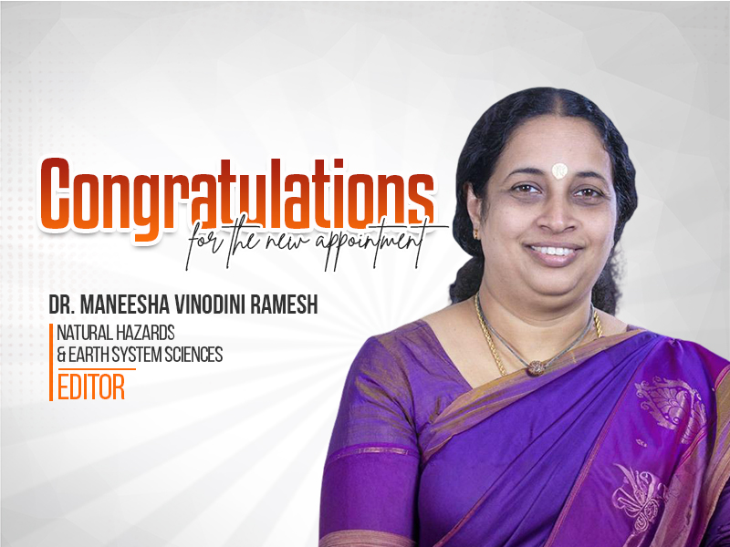 Dr. Maneesha Vinodini Ramesh Appointed as Editor of Prestigious Natural Hazards Earth Systems Sciences Journal