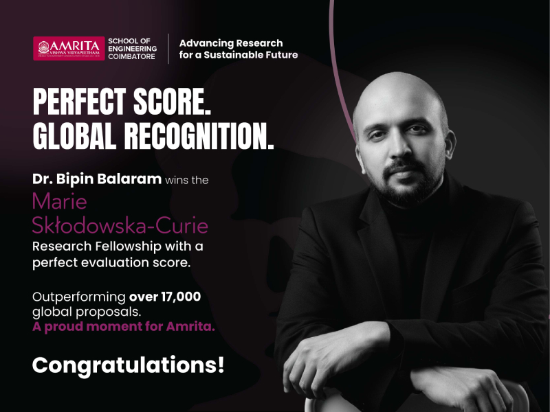 Major Achievement by Dr. Bipin Balaram, Associate Professor, Department of Mechanical Engineering, Amrita School of Engineering, Coimbatore