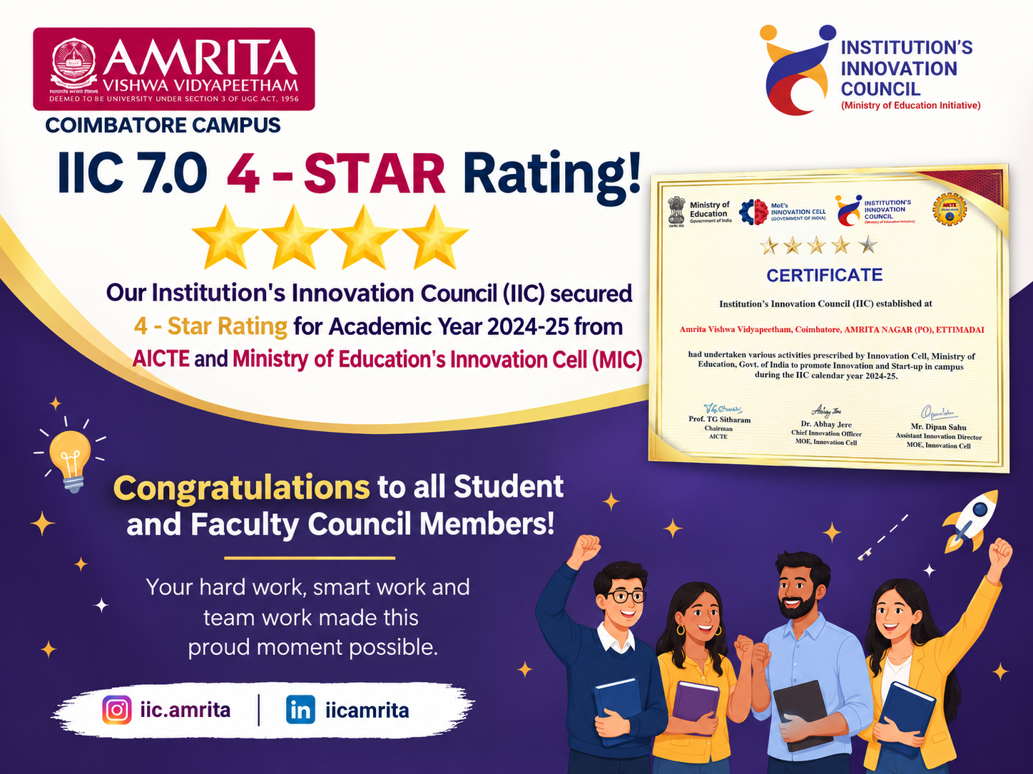 Amrita Vishwa Vidyapeetham, Coimbatore Campus, Receives 4-STAR Rating for IIC Annual Performance for 2024–2025!